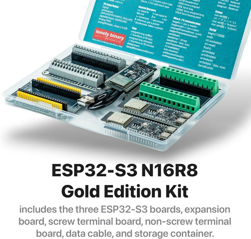 LONELY BINARY مجموعة ESP32-S3 N16R8 الذهبية 3 حزمة مع 16MB فلاش، 8MB PSRAM، لوحات توسيع، أطراف، كابل بيانات ودروس تعليمية - تشطيب ذهبي خالي من الرصاص متوافق مع Arduino IDE و MicroPython - Image 3